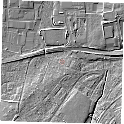 Shaded relief map of the ground around RH108JX, computed from Environment Agency LiDAR. The ground here sits at about 66 m above sea level and falls 7 m across the surrounding 800 m. Surface water reaching this point runs off ground lying to the south, 1.7 m higher.