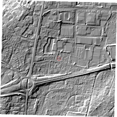 Shaded relief map of the ground around RH108JZ, computed from Environment Agency LiDAR. The ground here sits at about 66 m above sea level and falls 7 m across the surrounding 800 m. Surface water reaching this point runs off ground lying to the north-north-west, 3.4 m higher.