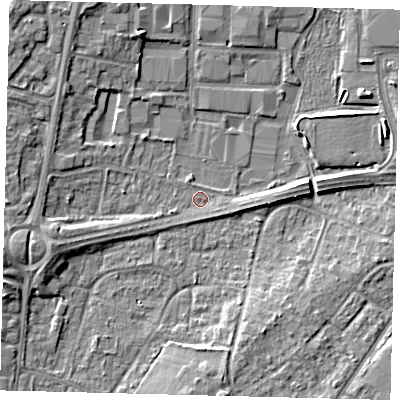Shaded relief map of the ground around RH108PH, computed from Environment Agency LiDAR. The ground here sits at about 65 m above sea level and falls 6 m across the surrounding 800 m. Surface water reaching this point runs off ground lying to the west-south-west, 4.4 m higher.