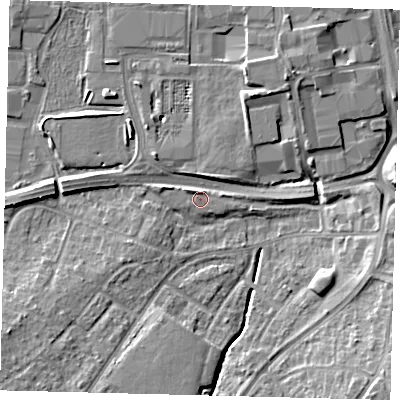 Shaded relief map of the ground around RH108XP, computed from Environment Agency LiDAR. The ground here sits at about 66 m above sea level and falls 10 m across the surrounding 800 m. Surface water reaching this point runs off ground lying to the north-north-west, 2.1 m higher.