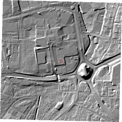 Shaded relief map of the ground around RH109AG, computed from Environment Agency LiDAR. The ground here sits at about 67 m above sea level and falls 14 m across the surrounding 800 m. Surface water reaching this point runs off ground lying to the north-north-west, 1.7 m higher.
