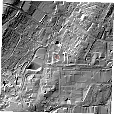 Shaded relief map of the ground around RH109AL, computed from Environment Agency LiDAR. The ground here sits at about 71 m above sea level and falls 12 m across the surrounding 800 m. Surface water reaching this point runs off ground lying to the south-south-east, 1.1 m higher.