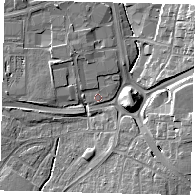 Shaded relief map of the ground around RH109AQ, computed from Environment Agency LiDAR. The ground here sits at about 66 m above sea level and falls 16 m across the surrounding 800 m. Surface water reaching this point runs off ground lying to the west, 1.1 m higher.