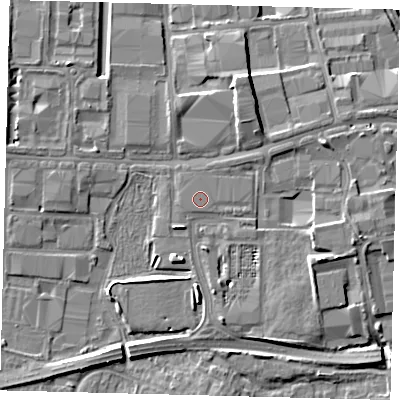 Shaded relief map of the ground around RH109BD, computed from Environment Agency LiDAR. The ground here sits at about 67 m above sea level and falls 10 m across the surrounding 800 m. The ground contributing surface water to this point lies to the south-south-west.