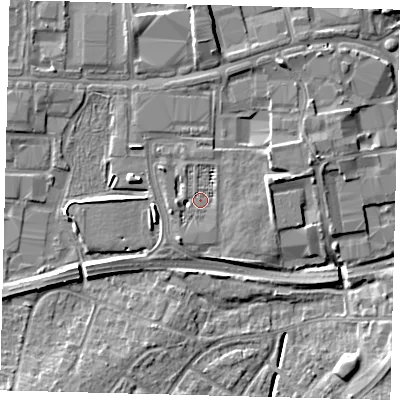 Shaded relief map of the ground around RH109BE, computed from Environment Agency LiDAR. The ground here sits at about 66 m above sea level and falls 7 m across the surrounding 800 m. Surface water reaching this point runs off ground lying to the west, 2.3 m higher.