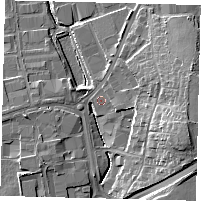 Shaded relief map of the ground around RH109DE, computed from Environment Agency LiDAR. The ground here sits at about 65 m above sea level and falls 20 m across the surrounding 800 m. Surface water reaching this point runs off ground lying to the east-south-east, 13.9 m higher.