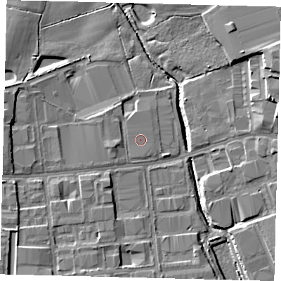 Shaded relief map of the ground around RH109DP, computed from Environment Agency LiDAR. The ground here sits at about 63 m above sea level and falls 12 m across the surrounding 800 m. The ground contributing surface water to this point lies to the south.