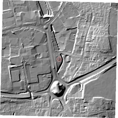 Shaded relief map of the ground around RH109ET, computed from Environment Agency LiDAR. The ground here sits at about 65 m above sea level and falls 19 m across the surrounding 800 m. Surface water reaching this point runs off ground lying to the east-north-east, 17.7 m higher.
