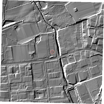Shaded relief map of the ground around RH109GA, computed from Environment Agency LiDAR. The ground here sits at about 62 m above sea level and falls 13 m across the surrounding 800 m. Surface water reaching this point runs off ground lying to the west-south-west, 1.0 m higher.