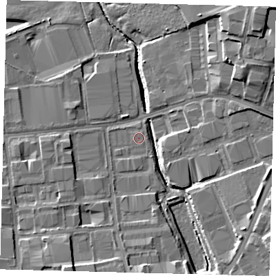 Shaded relief map of the ground around RH109JY, computed from Environment Agency LiDAR. The ground here sits at about 63 m above sea level and falls 13 m across the surrounding 800 m. Surface water reaching this point runs off ground lying to the south-south-west, 7.9 m higher.