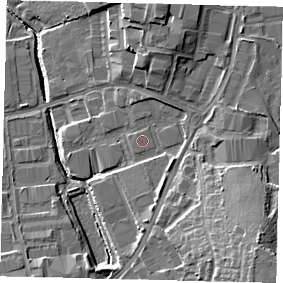 Shaded relief map of the ground around RH109NH, computed from Environment Agency LiDAR. The ground here sits at about 65 m above sea level and falls 18 m across the surrounding 800 m. The ground contributing surface water to this point lies to the west-south-west.