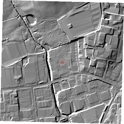 Shaded relief map of the ground around RH109NW, computed from Environment Agency LiDAR. The ground here sits at about 63 m above sea level and falls 13 m across the surrounding 800 m. Surface water reaching this point runs off ground lying to the east-north-east, 1.2 m higher.