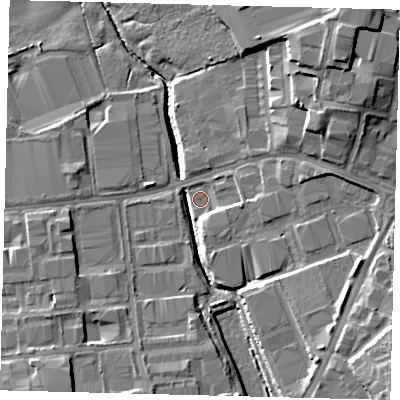 Shaded relief map of the ground around RH109NY, computed from Environment Agency LiDAR. The ground here sits at about 62 m above sea level and falls 13 m across the surrounding 800 m. Surface water reaching this point runs off ground lying to the south, 5.3 m higher.