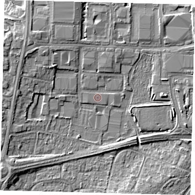 Shaded relief map of the ground around RH109QR, computed from Environment Agency LiDAR. The ground here sits at about 66 m above sea level and falls 6 m across the surrounding 800 m. Surface water reaching this point runs off ground lying to the west-north-west, 5.1 m higher.
