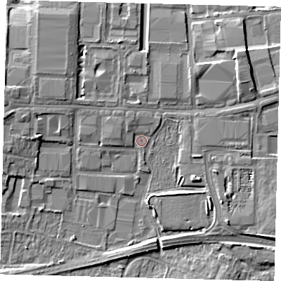 Shaded relief map of the ground around RH109QZ, computed from Environment Agency LiDAR. The ground here sits at about 65 m above sea level and falls 7 m across the surrounding 800 m. Surface water reaching this point runs off ground lying to the west-north-west, 1.5 m higher.