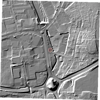 Shaded relief map of the ground around RH109RF, computed from Environment Agency LiDAR. The ground here sits at about 64 m above sea level and falls 19 m across the surrounding 800 m. Surface water reaching this point runs off ground lying to the east, 18.0 m higher.