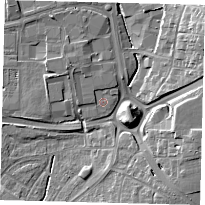 Shaded relief map of the ground around RH109RG, computed from Environment Agency LiDAR. The ground here sits at about 66 m above sea level and falls 17 m across the surrounding 800 m. Surface water reaching this point runs off ground lying to the north-west, 1.5 m higher.