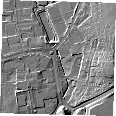 Shaded relief map of the ground around RH109RJ, computed from Environment Agency LiDAR. The ground here sits at about 64 m above sea level and falls 19 m across the surrounding 800 m. Surface water reaching this point runs off ground lying to the south-west, 7.4 m higher.