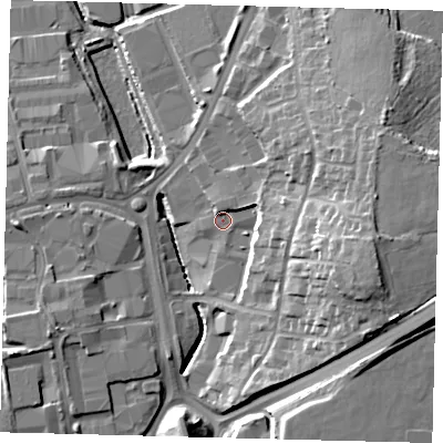 Shaded relief map of the ground around RH109SA, computed from Environment Agency LiDAR. The ground here sits at about 65 m above sea level and falls 19 m across the surrounding 800 m. Surface water reaching this point runs off ground lying to the east, 6.6 m higher.