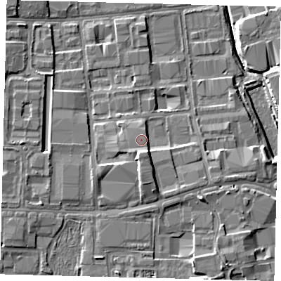 Shaded relief map of the ground around RH109SF, computed from Environment Agency LiDAR. The ground here sits at about 67 m above sea level and falls 11 m across the surrounding 800 m. Surface water reaching this point runs off ground lying to the south-south-east, 5.2 m higher.