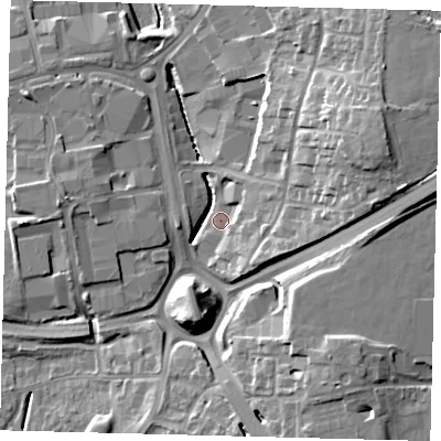 Shaded relief map of the ground around RH109SY, computed from Environment Agency LiDAR. The ground here sits at about 64 m above sea level and falls 19 m across the surrounding 800 m. Surface water reaching this point runs off ground lying to the east-north-east, 17.6 m higher.