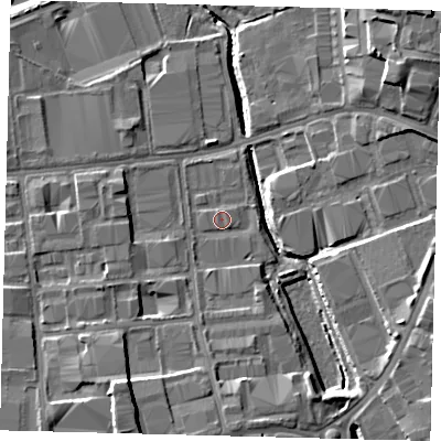 Shaded relief map of the ground around RH109TS, computed from Environment Agency LiDAR. The ground here sits at about 63 m above sea level and falls 13 m across the surrounding 800 m. Surface water reaching this point runs off ground lying to the south, 2.2 m higher.