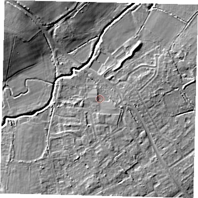 Shaded relief map of the ground around RH110AF, computed from Environment Agency LiDAR. The ground here sits at about 63 m above sea level and falls 10 m across the surrounding 800 m. Surface water reaching this point runs off ground lying to the east-south-east, 1.9 m higher.