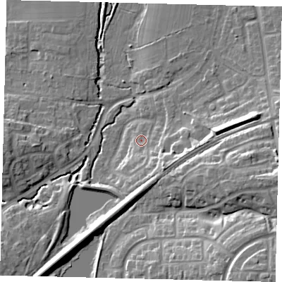 Shaded relief map of the ground around RH110JH, computed from Environment Agency LiDAR. The ground here sits at about 69 m above sea level and falls 21 m across the surrounding 800 m. Surface water reaching this point runs off ground lying to the south-east, 6.8 m higher.