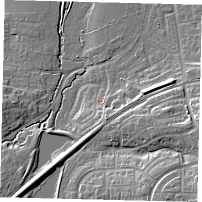 Shaded relief map of the ground around RH110JQ, computed from Environment Agency LiDAR. The ground here sits at about 70 m above sea level and falls 22 m across the surrounding 800 m. Surface water reaching this point runs off ground lying to the south-south-east, 7.0 m higher.