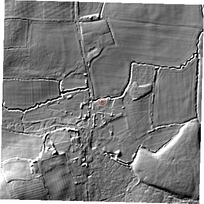 Shaded relief map of the ground around RH110JZ, computed from Environment Agency LiDAR. The ground here sits at about 66 m above sea level and falls 19 m across the surrounding 800 m. Surface water reaching this point runs off ground lying to the south-west, 9.7 m higher.