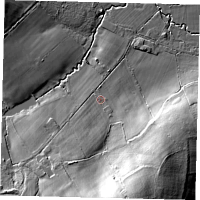 Shaded relief map of the ground around RH110LA, computed from Environment Agency LiDAR. The ground here sits at about 73 m above sea level and falls 29 m across the surrounding 800 m. Surface water reaching this point runs off ground lying to the south-south-west, 7.3 m higher.