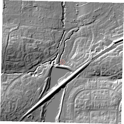 Shaded relief map of the ground around RH110LS, computed from Environment Agency LiDAR. The ground here sits at about 67 m above sea level and falls 20 m across the surrounding 800 m. Surface water reaching this point runs off ground lying to the east, 9.1 m higher.
