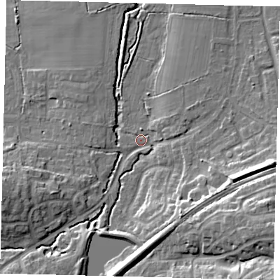 Shaded relief map of the ground around RH110LT, computed from Environment Agency LiDAR. The ground here sits at about 66 m above sea level and falls 18 m across the surrounding 800 m. Surface water reaching this point runs off ground lying to the east-south-east, 12.1 m higher.