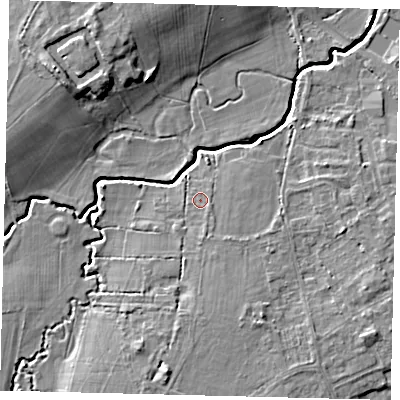 Shaded relief map of the ground around RH110NH, computed from Environment Agency LiDAR. The ground here sits at about 63 m above sea level and falls 10 m across the surrounding 800 m. Surface water reaching this point runs off ground lying to the south, 0.9 m higher.