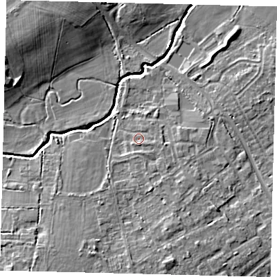 Shaded relief map of the ground around RH110NS, computed from Environment Agency LiDAR. The ground here sits at about 63 m above sea level and falls 9 m across the surrounding 800 m. Surface water reaching this point runs off ground lying to the south-south-east, 1.1 m higher.