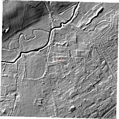 Shaded relief map of the ground around RH110NT, computed from Environment Agency LiDAR. The ground here sits at about 63 m above sea level and falls 9 m across the surrounding 800 m. Surface water reaching this point runs off ground lying to the south-east, 1.4 m higher.