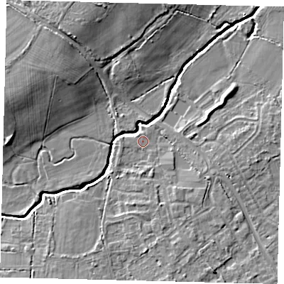 Shaded relief map of the ground around RH110NU, computed from Environment Agency LiDAR. The ground here sits at about 62 m above sea level and falls 10 m across the surrounding 800 m. Surface water reaching this point runs off ground lying to the south-south-east, 2.5 m higher.
