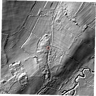Shaded relief map of the ground around RH110NY, computed from Environment Agency LiDAR. The ground here sits at about 64 m above sea level and falls 12 m across the surrounding 800 m. Surface water reaching this point runs off ground lying to the south-south-west, 4.0 m higher.