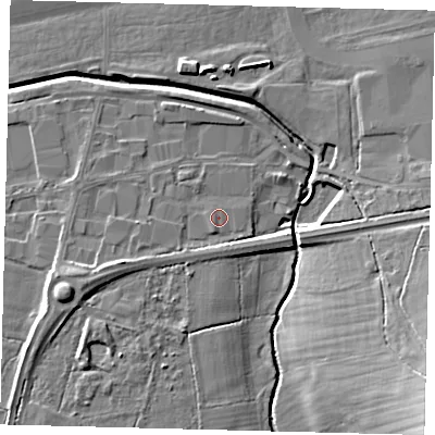 Shaded relief map of the ground around RH110PJ, computed from Environment Agency LiDAR. The ground here sits at about 60 m above sea level and falls 15 m across the surrounding 800 m. Surface water reaching this point runs off ground lying to the west-south-west, 1.9 m higher.