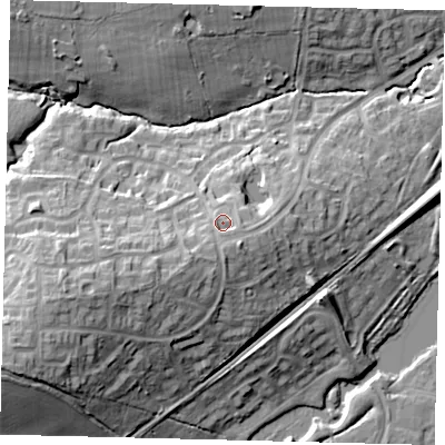 Shaded relief map of the ground around RH110PL, computed from Environment Agency LiDAR. The ground here sits at about 83 m above sea level and falls 28 m across the surrounding 800 m. Surface water reaching this point runs off ground lying to the south-south-west, 3.6 m higher.