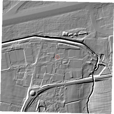 Shaded relief map of the ground around RH110PQ, computed from Environment Agency LiDAR. The ground here sits at about 60 m above sea level and falls 8 m across the surrounding 800 m. Surface water reaching this point runs off ground lying to the west-south-west, 0.9 m higher.