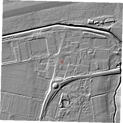 Shaded relief map of the ground around RH110PR, computed from Environment Agency LiDAR. The ground here sits at about 60 m above sea level and falls 8 m across the surrounding 800 m. Surface water reaching this point runs off ground lying to the south, 2.6 m higher.