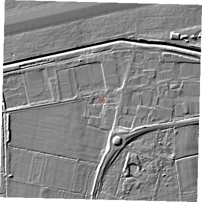 Shaded relief map of the ground around RH110PS, computed from Environment Agency LiDAR. The ground here sits at about 59 m above sea level and falls 8 m across the surrounding 800 m. Surface water reaching this point runs off ground lying to the south-south-east, 5.0 m higher.