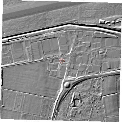Shaded relief map of the ground around RH110PT, computed from Environment Agency LiDAR. The ground here sits at about 60 m above sea level and falls 8 m across the surrounding 800 m. Surface water reaching this point runs off ground lying to the south-south-east, 5.0 m higher.