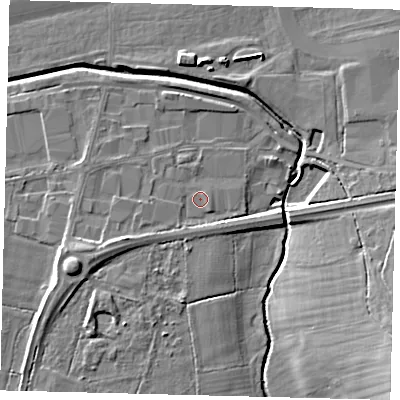 Shaded relief map of the ground around RH110PW, computed from Environment Agency LiDAR. The ground here sits at about 60 m above sea level and falls 13 m across the surrounding 800 m. Surface water reaching this point runs off ground lying to the south-east, 0.7 m higher.