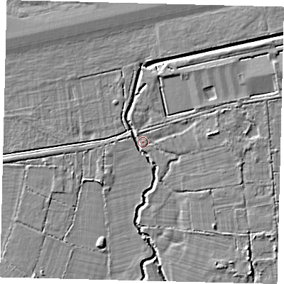 Shaded relief map of the ground around RH110QA, computed from Environment Agency LiDAR. The ground here sits at about 59 m above sea level and falls 6 m across the surrounding 800 m. Surface water reaching this point runs off ground lying to the south-east, 3.6 m higher.