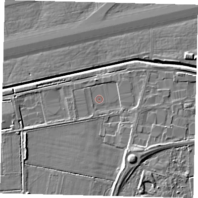 Shaded relief map of the ground around RH110TG, computed from Environment Agency LiDAR. The ground here sits at about 59 m above sea level and falls 8 m across the surrounding 800 m. Surface water reaching this point runs off ground lying to the south-south-east, 5.1 m higher.