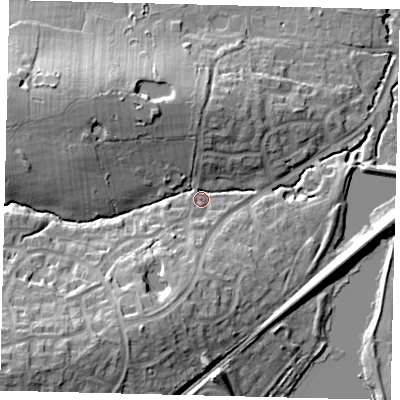 Shaded relief map of the ground around RH110TH, computed from Environment Agency LiDAR. The ground here sits at about 71 m above sea level and falls 26 m across the surrounding 800 m. Surface water reaching this point runs off ground lying to the south-west, 21.7 m higher.