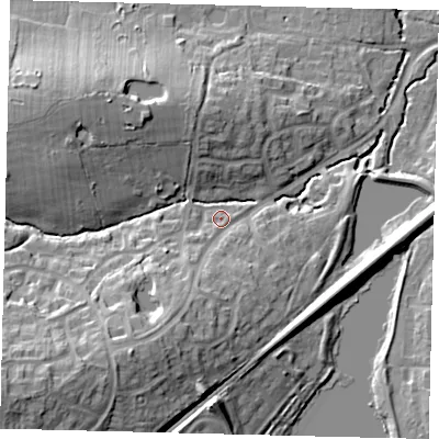 Shaded relief map of the ground around RH110TJ, computed from Environment Agency LiDAR. The ground here sits at about 71 m above sea level and falls 25 m across the surrounding 800 m. Surface water reaching this point runs off ground lying to the south-south-west, 11.2 m higher.
