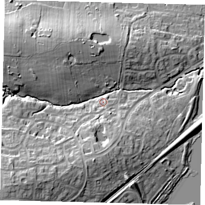 Shaded relief map of the ground around RH110TN, computed from Environment Agency LiDAR. The ground here sits at about 73 m above sea level and falls 26 m across the surrounding 800 m. Surface water reaching this point runs off ground lying to the south-west, 21.4 m higher.